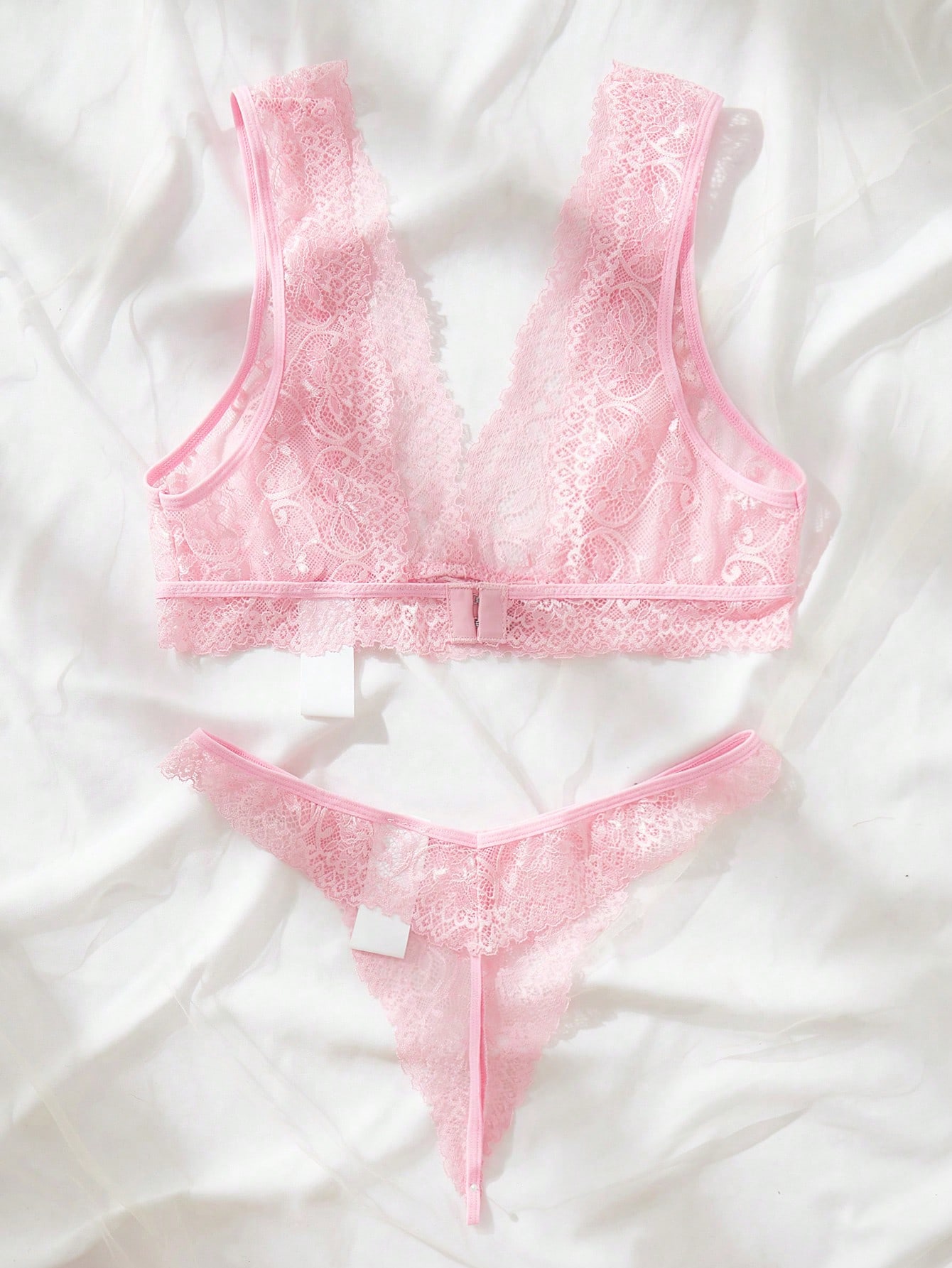 Lace Bralette Set - Conjunto de Lencería de Encaje Rosa,